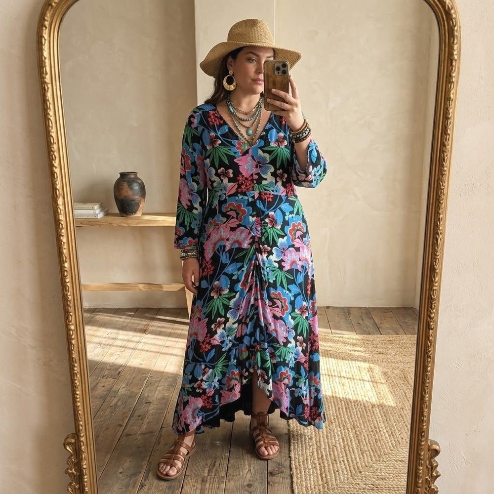 Anthropologie Maeve Floral V-Neck Maxi Dress Plus Size 18W Resortwear Vacation
